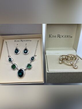 Kim Rogers Duo Silver-Tone Green Teardrop & Oval Necklace with Matching Earrings